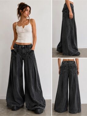 Free People wide-leg Boho Charcoal Black Pants Size 8